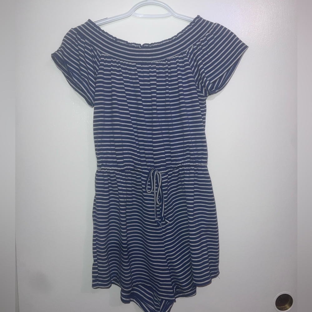 blue and white striped romper